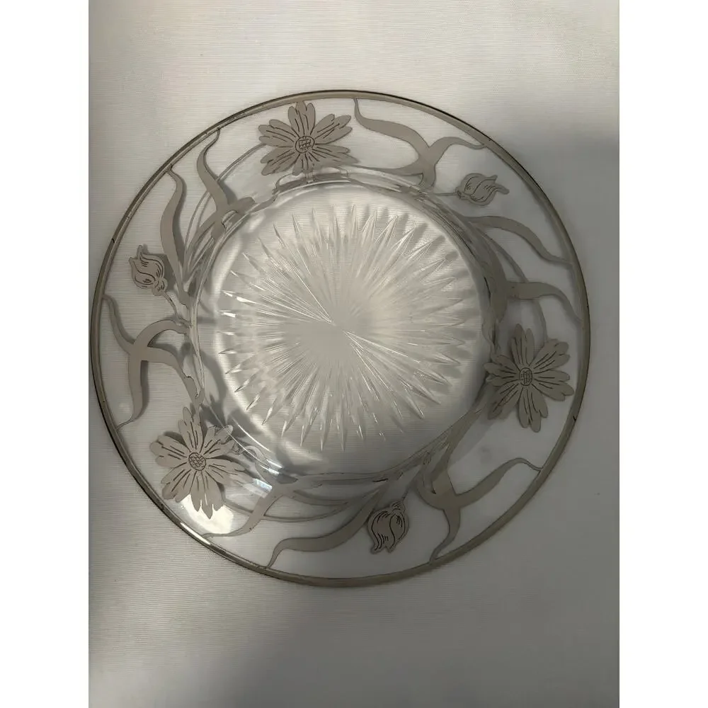 Vintage Silver Overlay Floral Clear Glass Plate